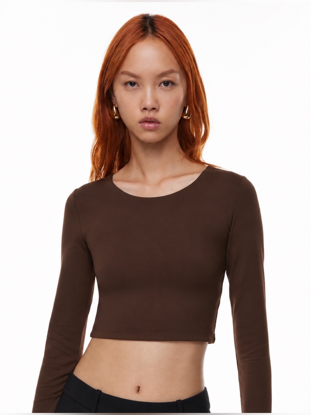 Babaton Contour Cropped Long Sleeve Top Brown Scoop Neck Size S Aritzia